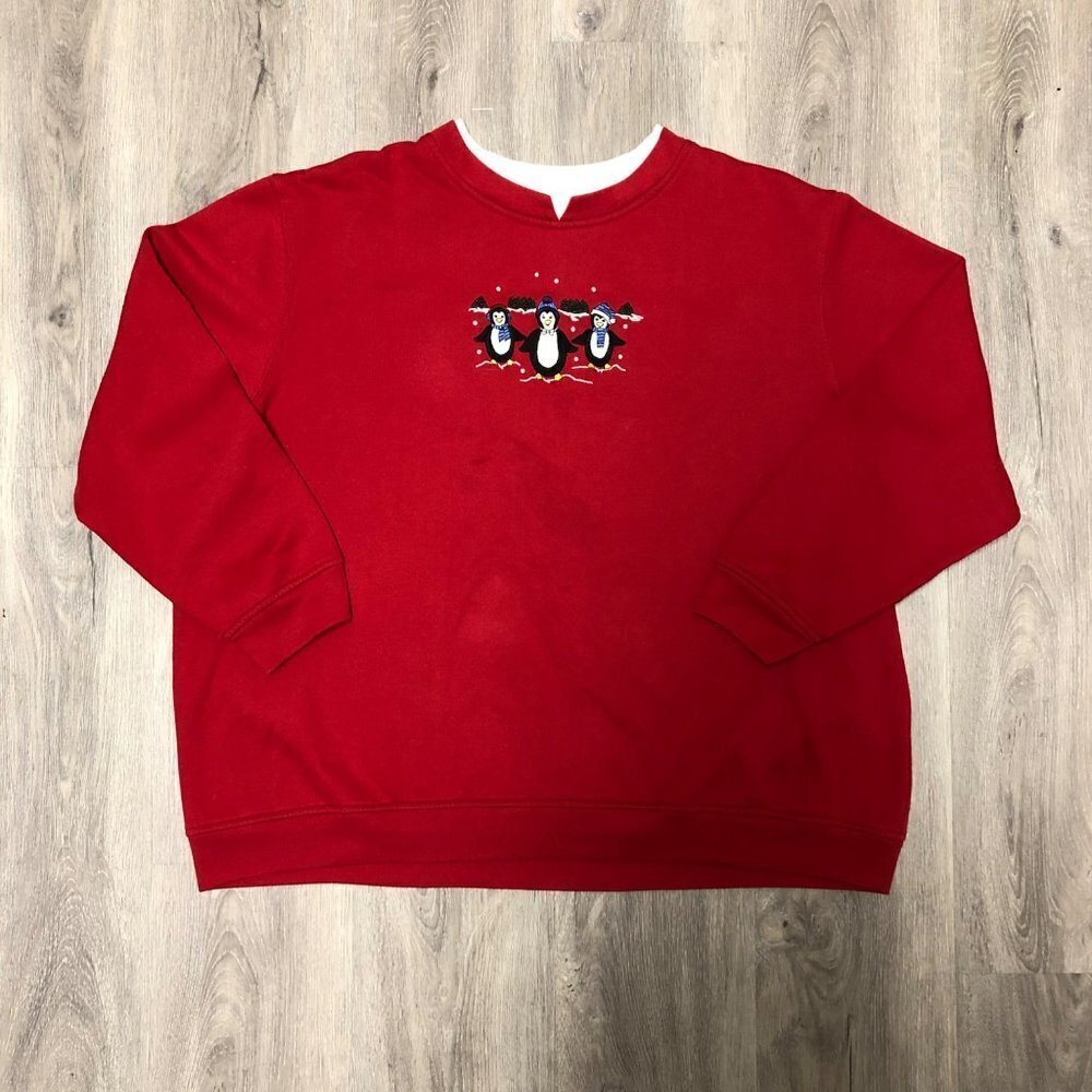 Vintage Size Large Christmas Crewneck Sweatshirt Penguin Holiday Sweater Winter